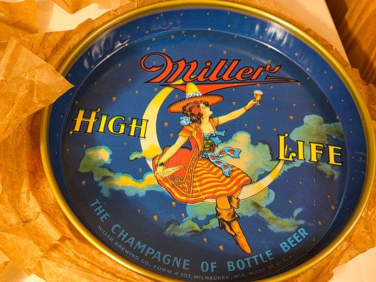4) NOS Miller High Life "Girl in the Moon" Metal Serving Trays 303 with paper wrap