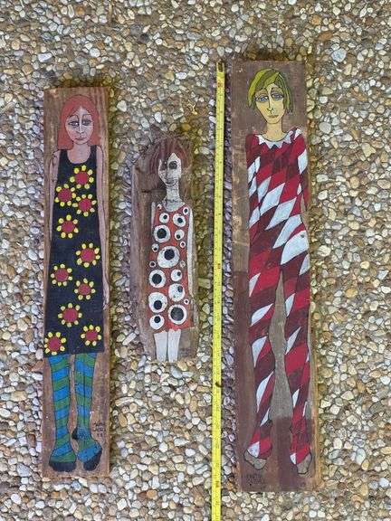 3) Martha Cassels Female Painted Figures on Wood Planks