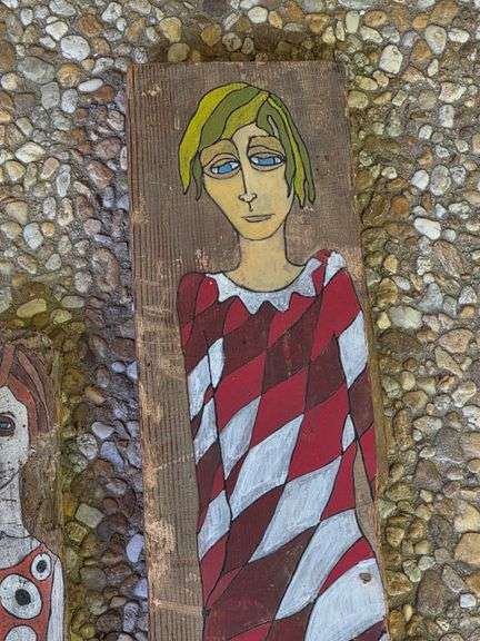 3) Martha Cassels Female Painted Figures on Wood Planks