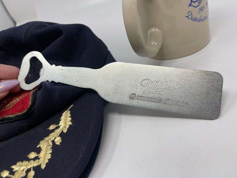 Vintage Miller Scrambled Egg Officer Hats, Bottle Opener and 50th Anniversary Mug