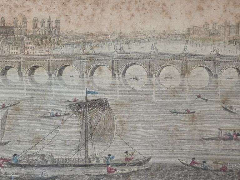 Antique Vue d'Optique of Westminster Bridge Colored Engraving