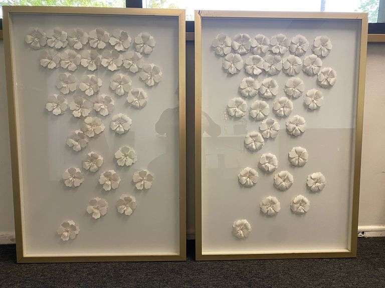 Pair of Framed Magnolia Paper Relief Floral Shadow Boxes
