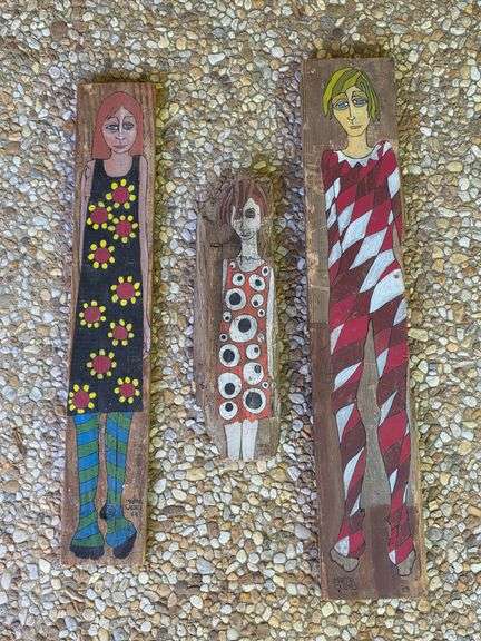 3) Martha Cassels Female Painted Figures on Wood Planks
