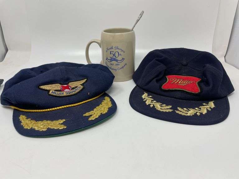 Vintage Miller Scrambled Egg Officer Hats, Bottle Opener and 50th Anniversary Mug