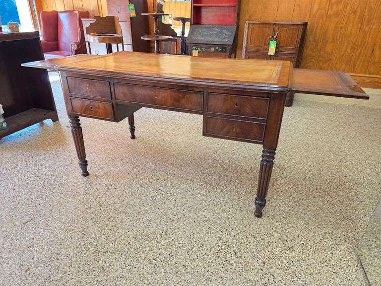 Hand Crafted Louis-Philippe Partners Leather Inlaid Flat Desk with pull out writing boards