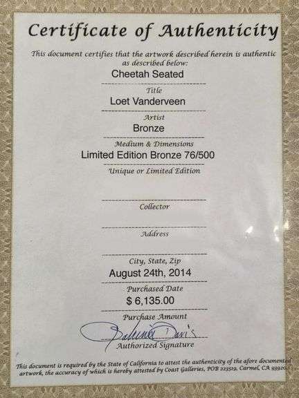 Loet Venderveen Broze Sitting Cheetah Sculpture- 76/500 with COA