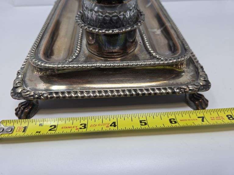 Antique Silverplate Double Tray Inkwell Set- some damage