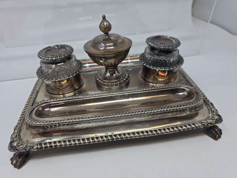 Antique Silverplate Double Tray Inkwell Set- some damage