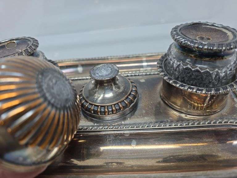 Antique Silverplate Double Tray Inkwell Set- some damage