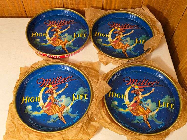 4) NOS Miller High Life "Girl in the Moon" Metal Serving Trays 303 with paper wrap