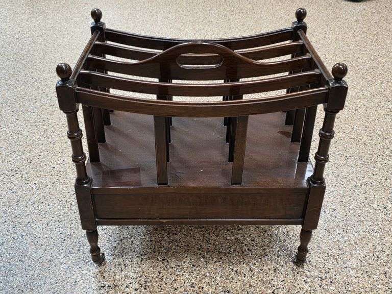 Vintage Wooden Magazine Storage Rack on castors