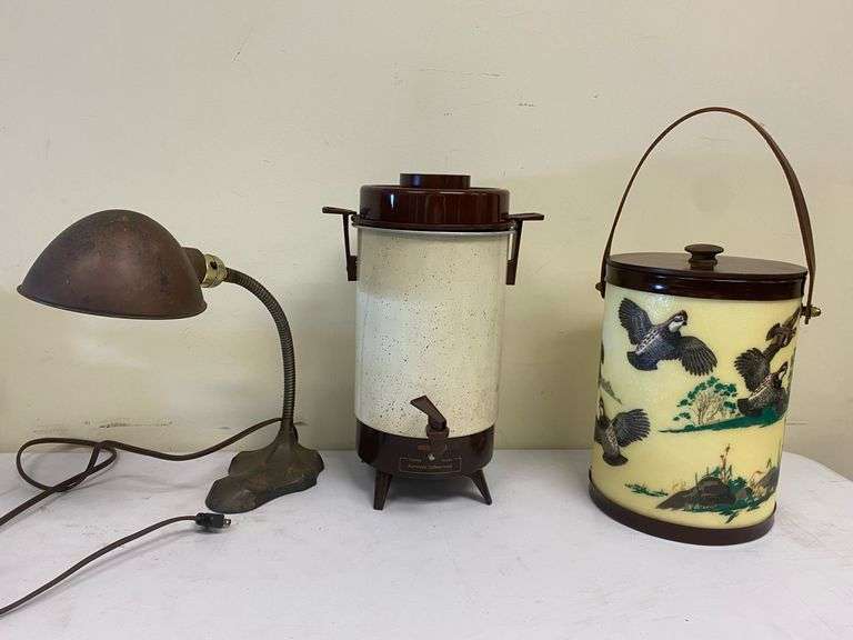 Vintage Nesco 42 Automatic Coffee Maker, Bacova Guild Ice Bucket, and Articulating Desk Lamp