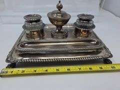 Antique Silverplate Double Tray Inkwell Set- some damage