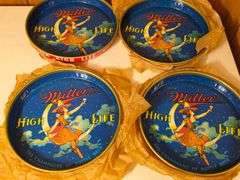 4) NOS Miller High Life "Girl in the Moon" Metal Serving Trays 303 with paper wrap