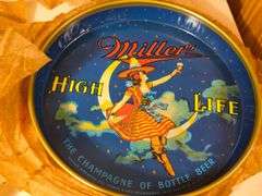 4) NOS Miller High Life "Girl in the Moon" Metal Serving Trays 303 with paper wrap