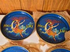 4) NOS Miller High Life "Girl in the Moon" Metal Serving Trays 303 with paper wrap