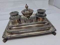 Antique Silverplate Double Tray Inkwell Set- some damage