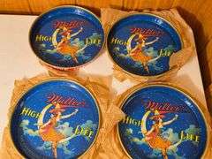 4) NOS Miller High Life "Girl in the Moon" Metal Serving Trays 303 with paper wrap