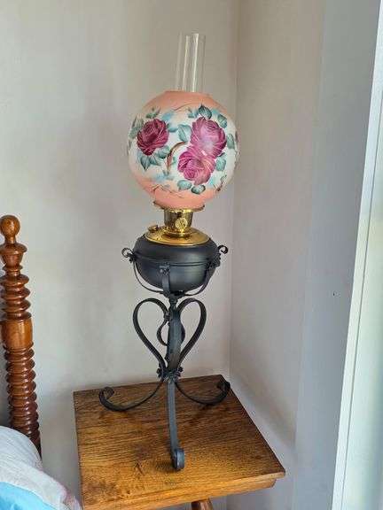 Vintage Aladdin Hurricane Oil Lamp on Wrought Iron Stand