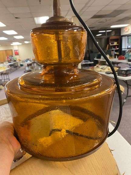 Jamie Young Lafitte Amber Seeded Glass Wide Pendant Light in Box