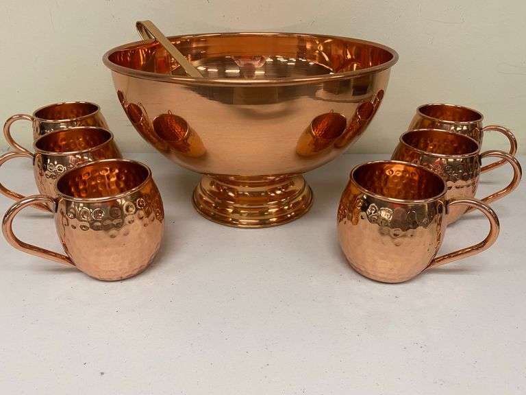 Alchemade Copper Punch Bowl and Hammered Cup Set