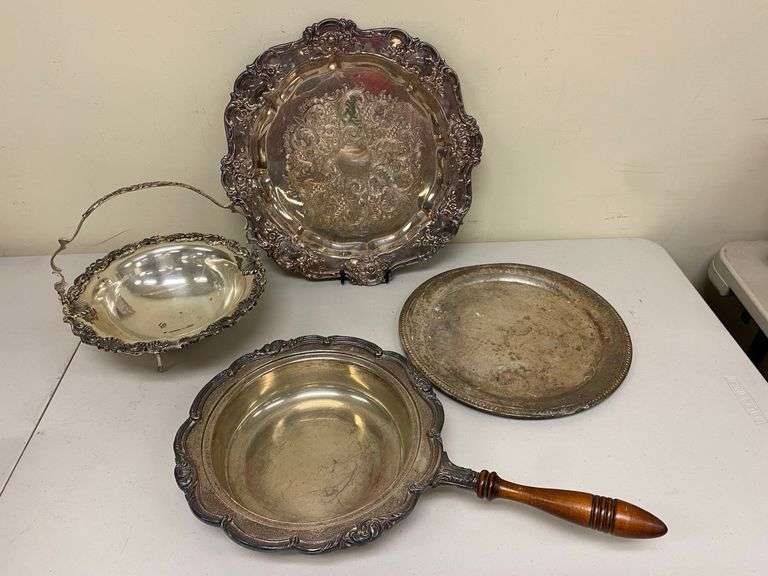 VTG Engraved/Etched Silverplate Platter, Plate, Chafing Dish, Bride's Basket- F.B. Rogers, Towle+