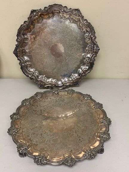 Antique Wallace Chippendale X100 Footed Etched Silverplate and English Silverplate 17” Platters