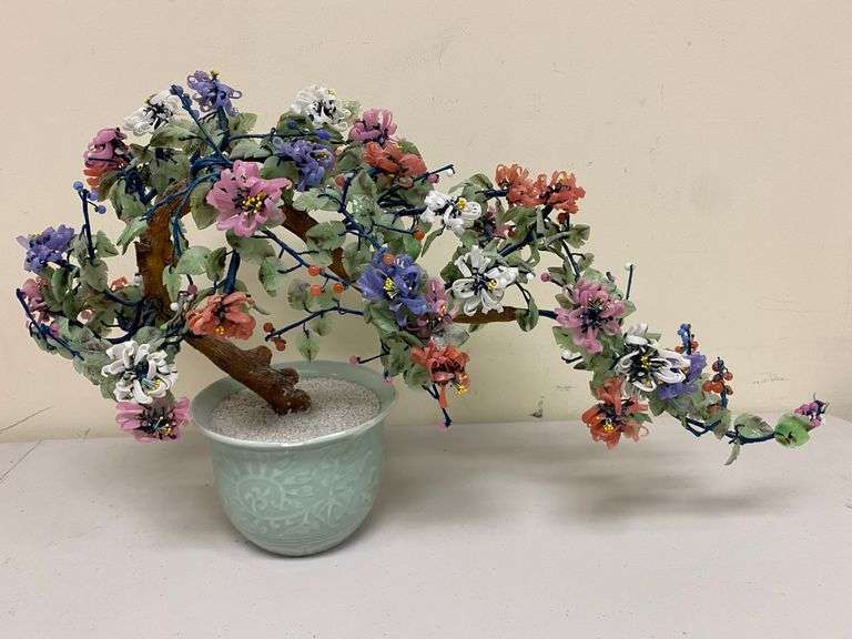 Vintage Asian Cascading Floral Glass Jade Bonsai Tree