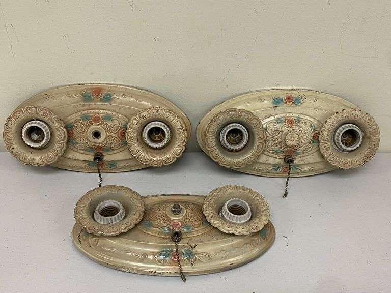 3) Antique Floral Flush Mount Pull Chain Dual Light Fixtures