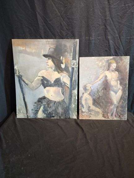 Oil on Board by J William Hill- Nudes 12"W x 16"H, Burlesque Woman 16"W x 20"H