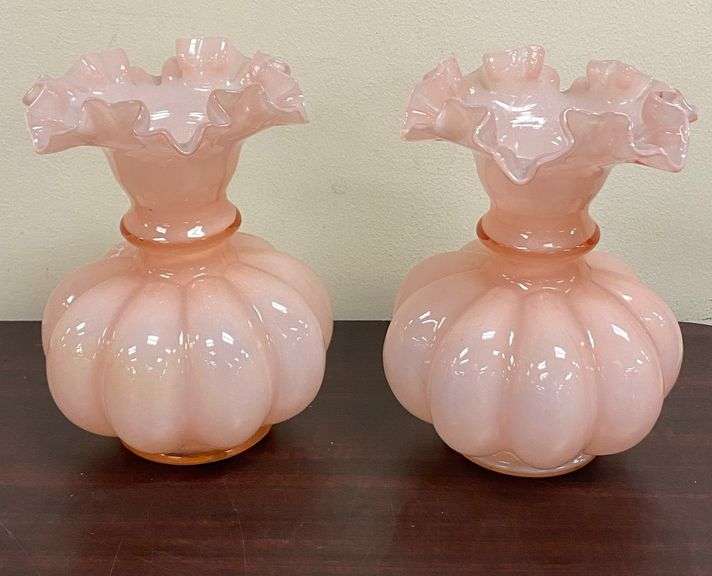 Pair of Vintage Fenton 8" Pink Cased Ruffled Melon Glass Vases