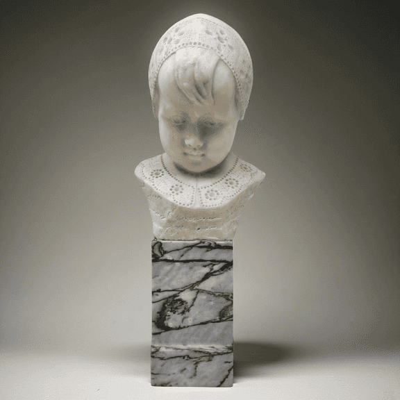 Antique Italian Marble Sculpture Bust of a Child- on Black Marble Stand