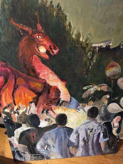 Lantern Series. âRed Dragonâ Oil on Canvas by J. William Hill- Signed 36x1.5x48â.