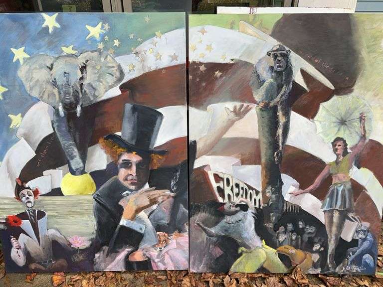 âThe Death and Liberation of the Greatest Show on Earth.â Diptych by J. William Hill Oil on Canvas