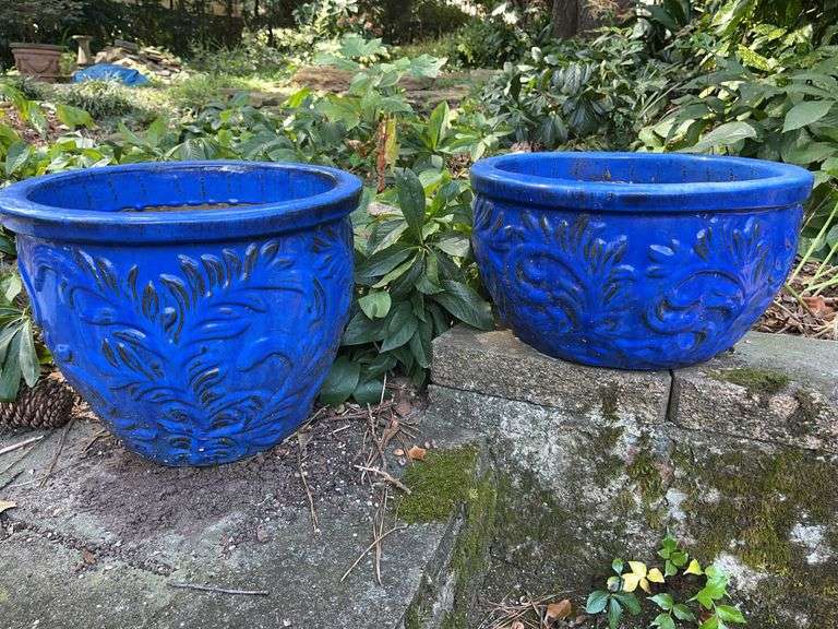 2) blue ceramic pots. 16x13â and 16x9â. Heavy