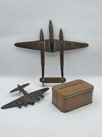WWII Trench Art Shell Casing P-38 Lightning and B-17 Flying Fortress Planes & Button Polishing Tin