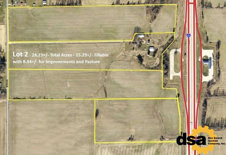 24.23+/- Acres with Ranch Home, 2 – Pole Barns, Grain Bins and More!