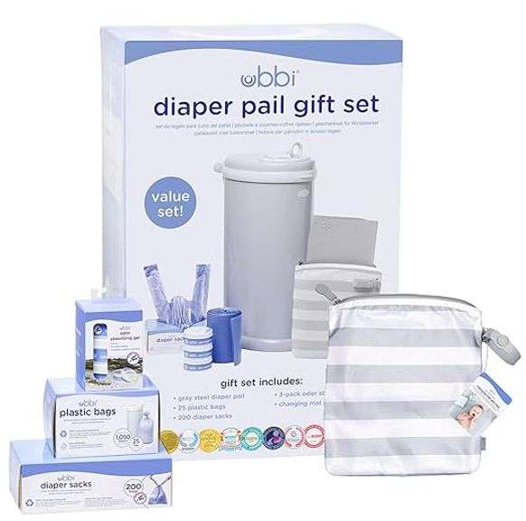 Ubbi Diaper Changing Value Gift Set, Baby Registry Gift, Includes Gray Diaper Pail