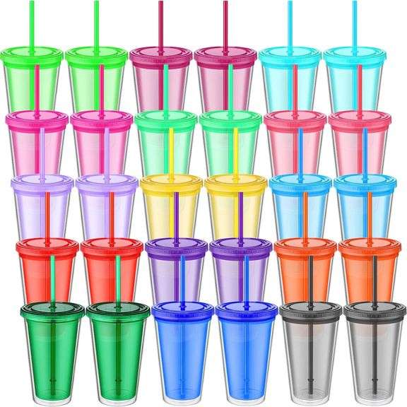 Zubebe 30 Pieces 16 oz Plastic Tumblers with Lids and Straws Double Wall Plastic Travel Tumbler Cup