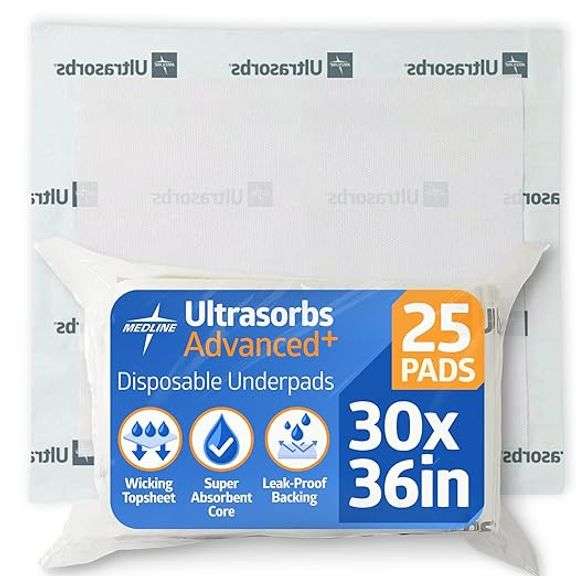 Medline Ultrasorbs Drypads, 30" x 36", 25 Count, Super Absorbent Disposable Bed Pads