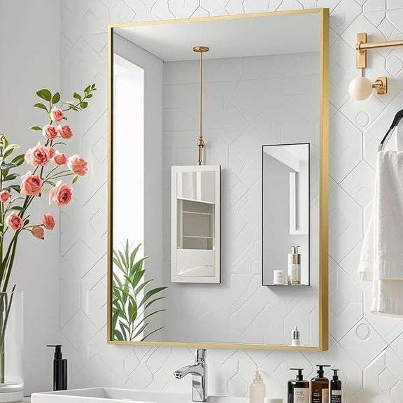 Gold Bathroom Mirror, 27.5"x35" Rectangle Mirror, Brushed Gold Mirror