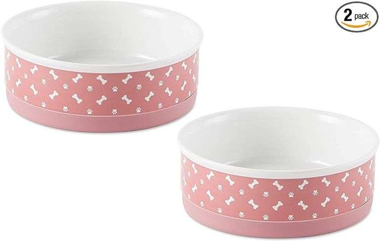 Bone Dry Ceramic Bone & Paw Pet Bowls, Dishwasher Safe, Medium Set, 6x2, Rose, 2 Count