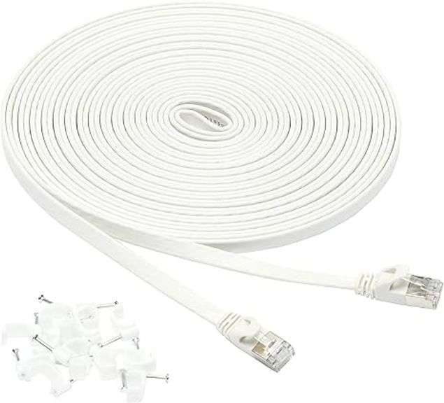Amazon Basics RJ45 Cat 7 Ethernet Patch Cable, Flat, 600MHz, Snagless, Includes 15 Nails, 30 Foot, W
