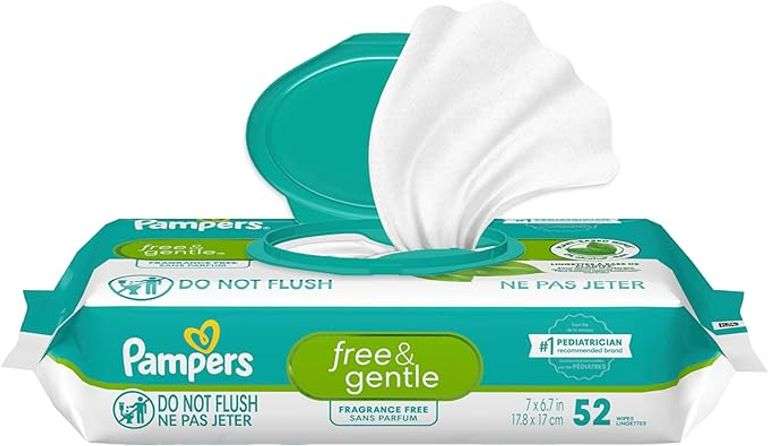 Set of 2 Pampers Free & Gentle 100% Plant-Based Fragrance Free Baby Wipes, 1X, 52 Count