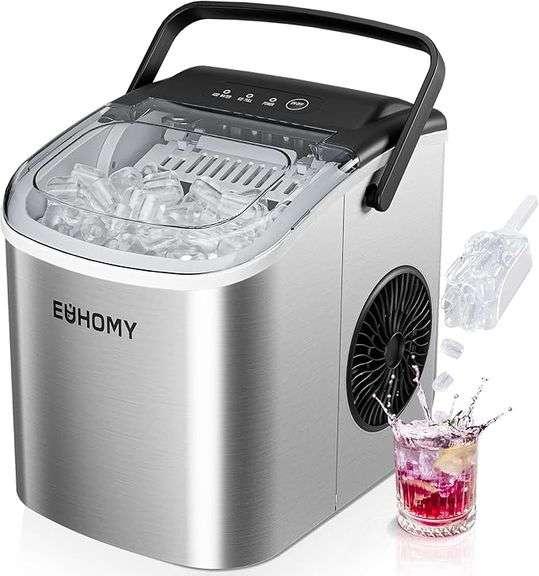 EUHOMY Countertop Ice Maker Machine with Handle, 26lbs Per Day, 9 Ice Cubes Ready in 6 Mins, Auto-Cl