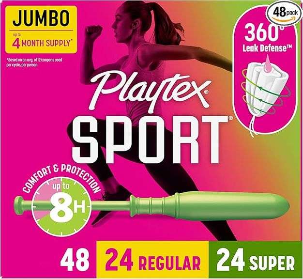Playtex Sport Tampons Multipack (24ct Regular/24ct Super), Fragrance-Free - 48ct