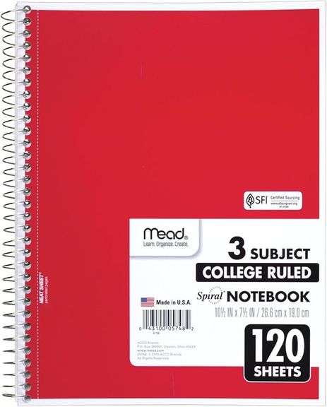 Mead Spiral Notebook, 3 Subject, College Ruled Paper, 120 Sheets, 10-1/2" x 8"