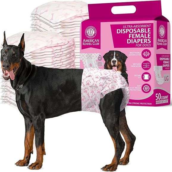 American Kennel Club Female Dog Wrap, Disposable Diapers with Wetness Indicator, Large, 50 Count