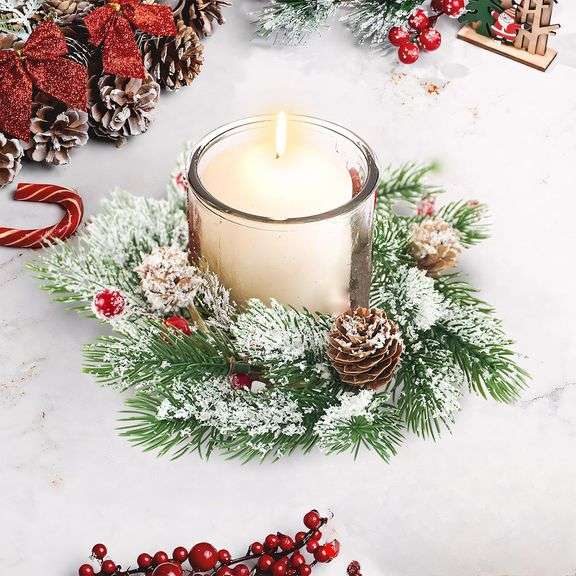 Set of 20 Christmas Candle Rings Artificial Snowy Red Berries Pine Needles Small Candle Rings Wreath