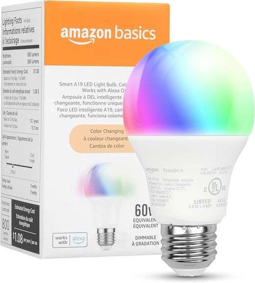 Amazon Basics Smart A19 LED Light Bulb, Color Changing, 9W (60W Equivalent)